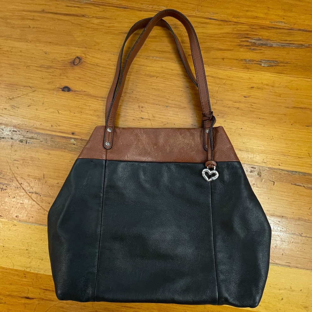 Brighton Pebbled Leather Shoulder Bag Black Brown Leopard Lining‎ Handbag Supple - Picture 3 of 13